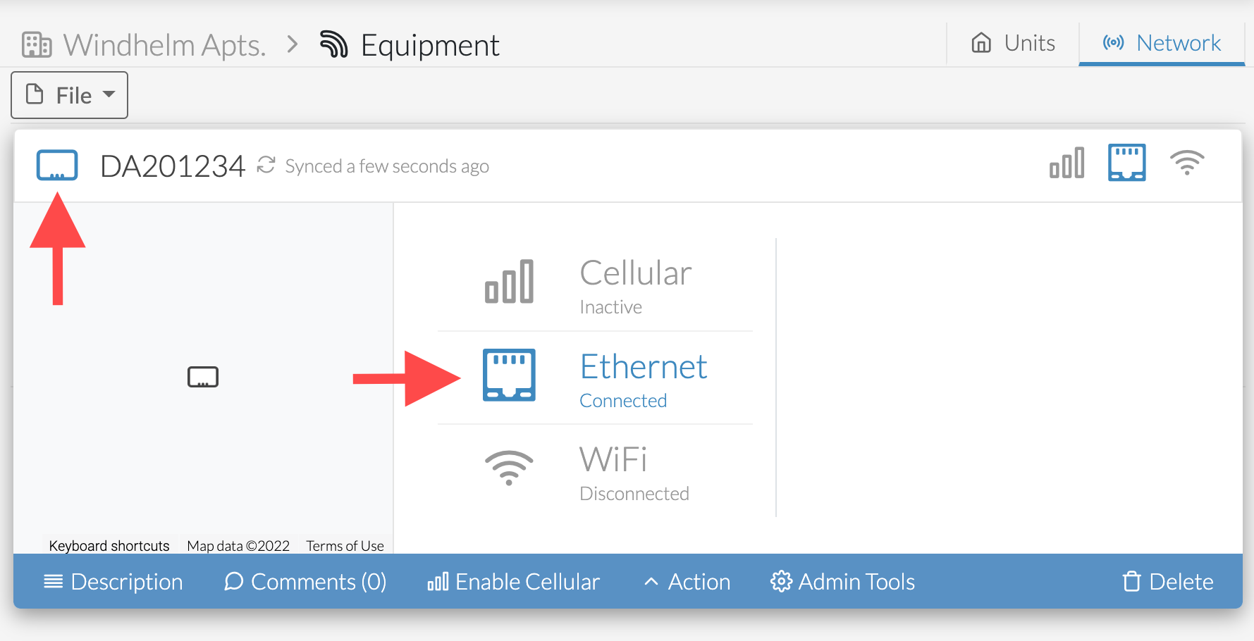 The Gateway icon and connection type on the Web Portal will turn blue once the Gateway has a valid Internet connection
