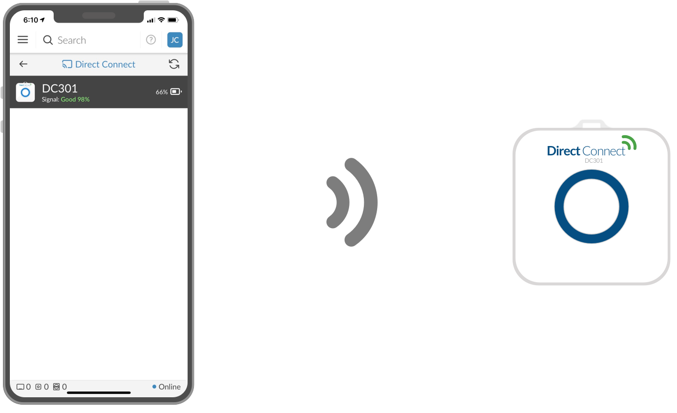 Turn on your DC301 and select it from the Direct Connect page