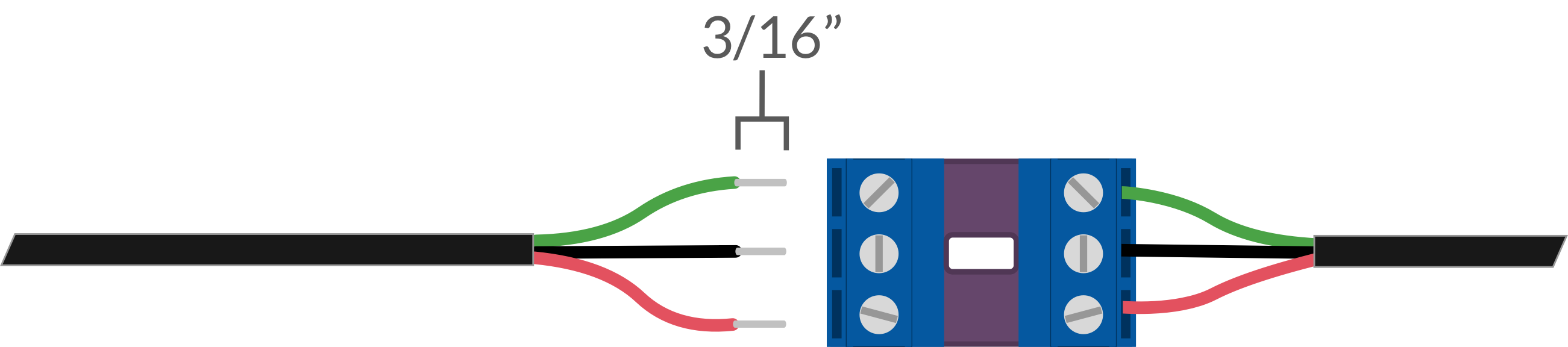 Strip 3/16” of sheathing from each wire end, connect each wire to the Connector, and tighten