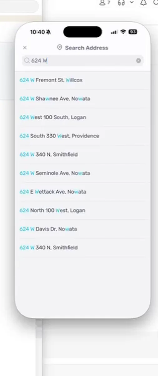 Searching for a service address on the Programming tab