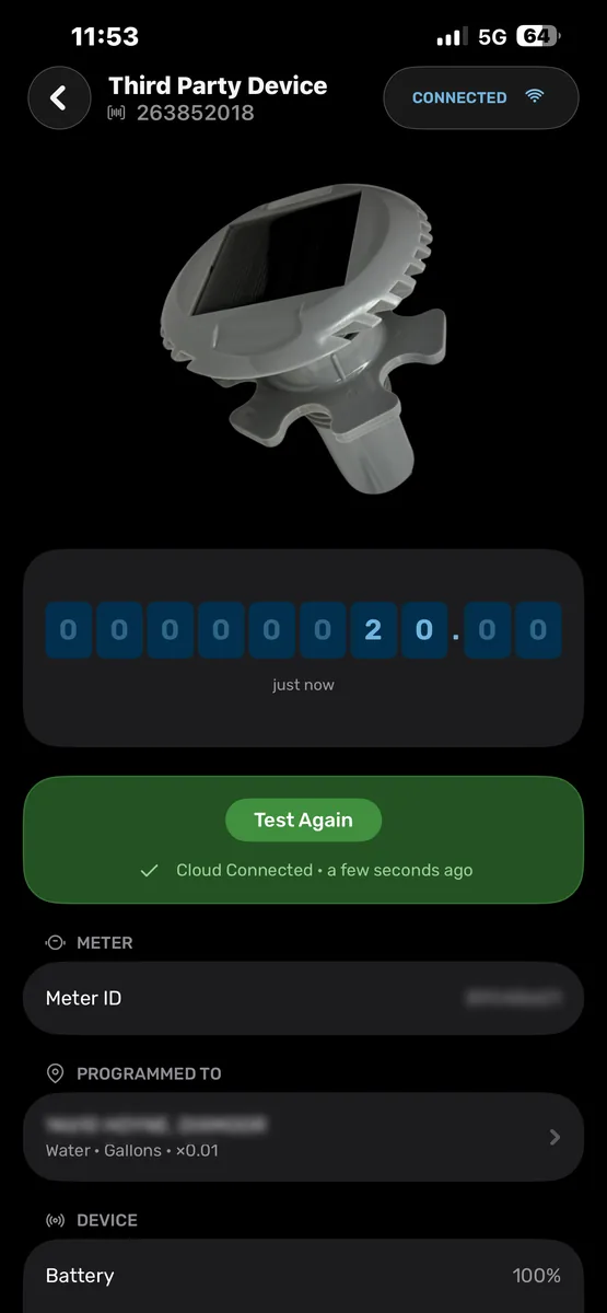 A Fenix X330 connected in the NextCity Mobile App, listed as Third Party Device, with a successful test