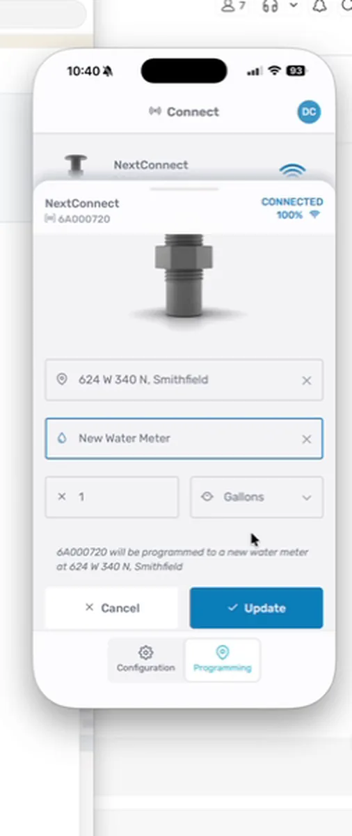 The programming summary with the multiplier, units, and Update button