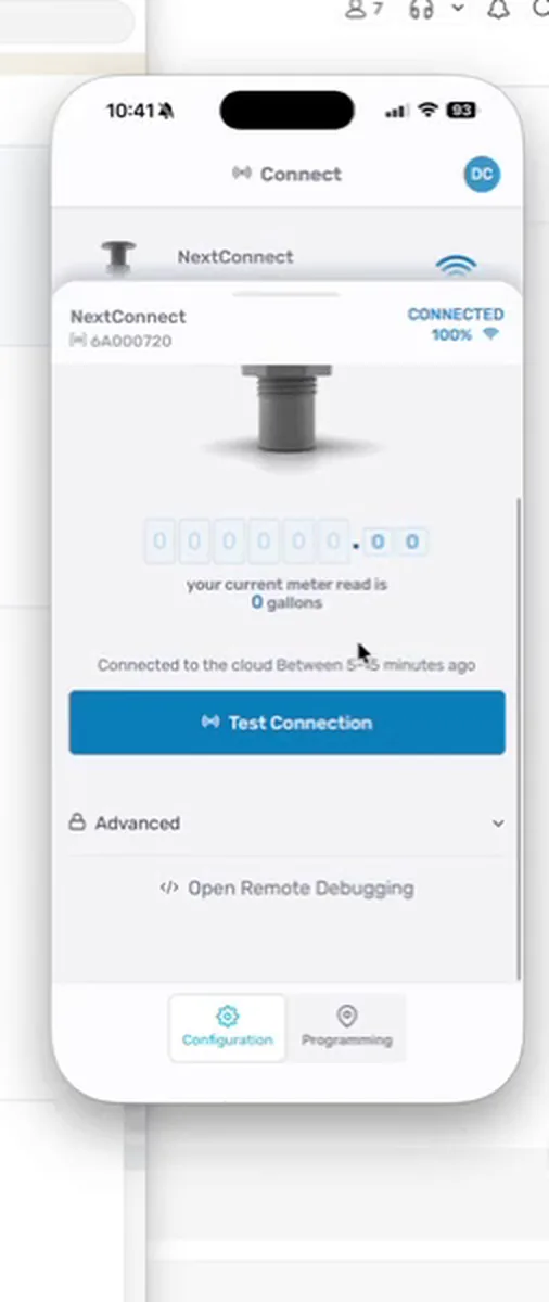 Configuration after programming, with the current read and Test Connection