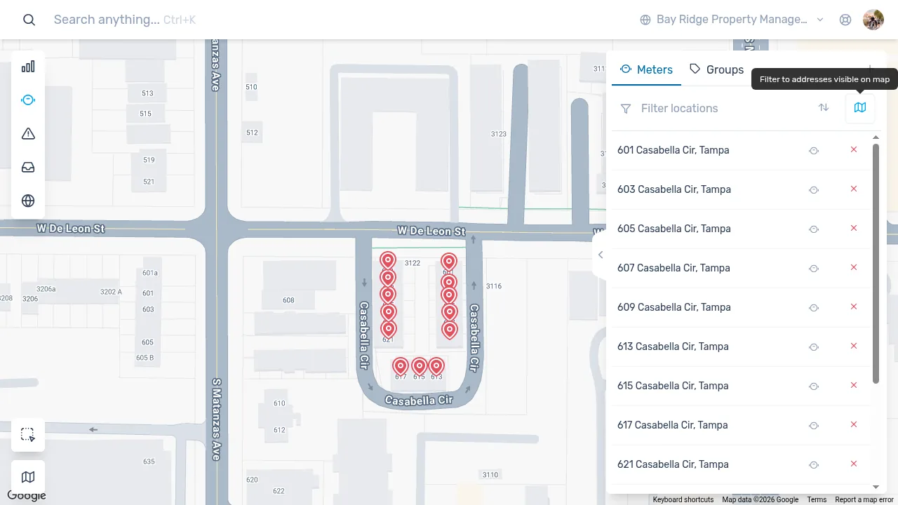The Meters page in the NextCity Web Portal, with the plus button at the top of the Meters panel