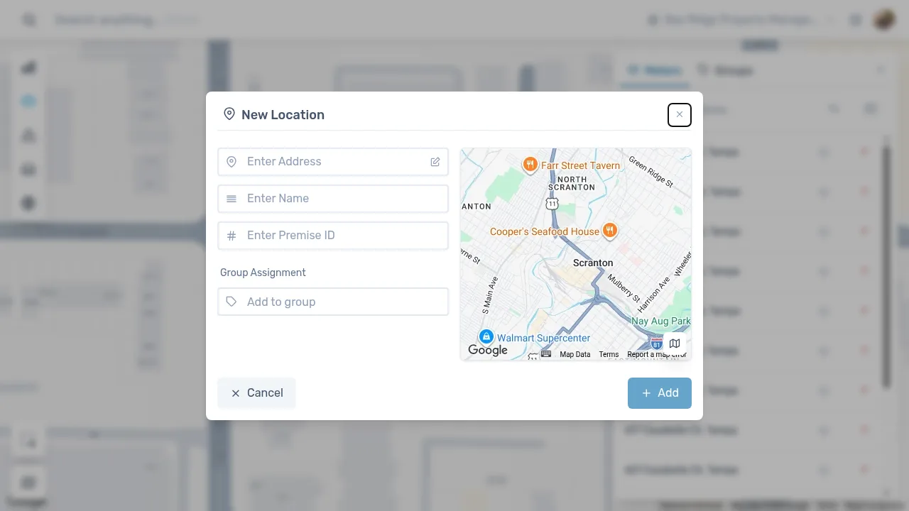 The New Location window with Address, Name, Premise ID, and Group Assignment fields beside a map