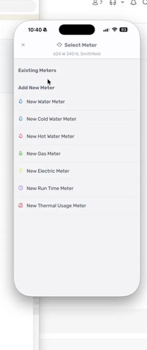 The Select Meter list with Add New Meter options for each utility type
