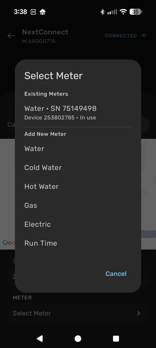 Select Meter with an existing water meter listed under Existing Meters, above the Add New Meter options